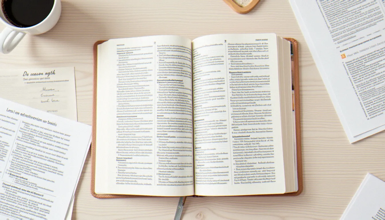 Vue de dessus d'un dictionnaire de synonymes entouré de documents imprimés, illustrant le mécanisme de substitution lexicale utilisé par un spinner doctor pour réécrire du contenu