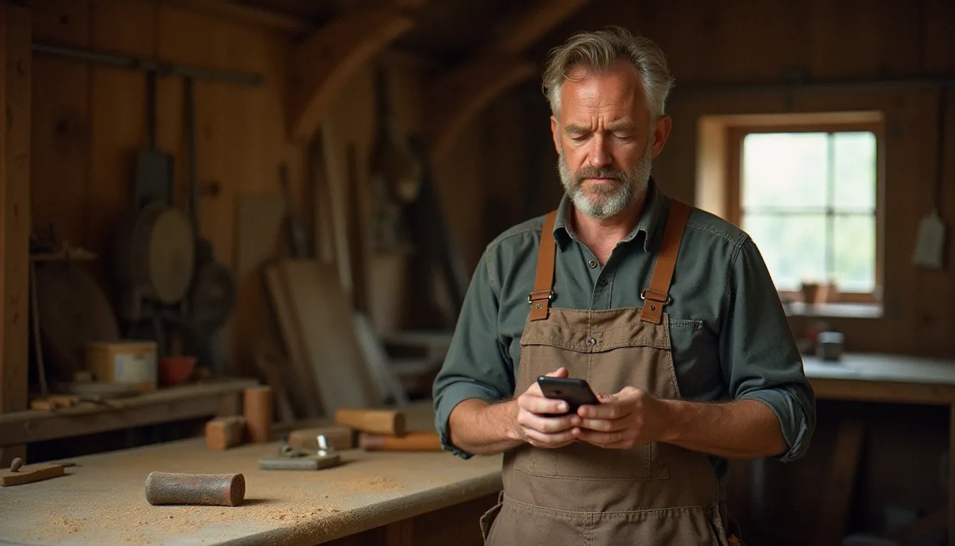 Artisan menuisier dans son atelier découvrant la disparition de son site web des résultats de recherche Google, conséquence directe d'une pénalité liée à l'utilisation d'un spinner doctor par son ancien prestataire SEO