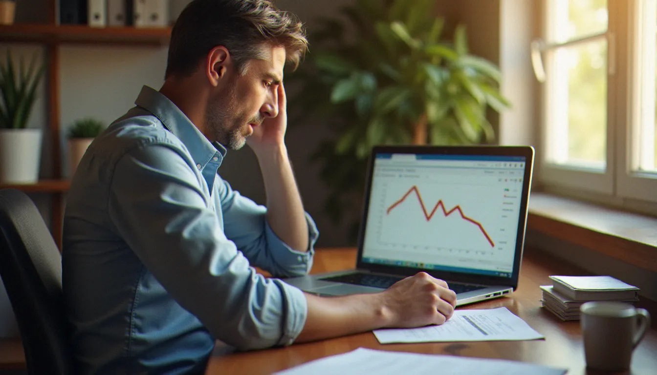 Chef d'entreprise consultant des statistiques de trafic en chute libre sur son ordinateur, illustrant les conséquences d'un spinner doctor mal utilisé sur le référencement naturel de son site