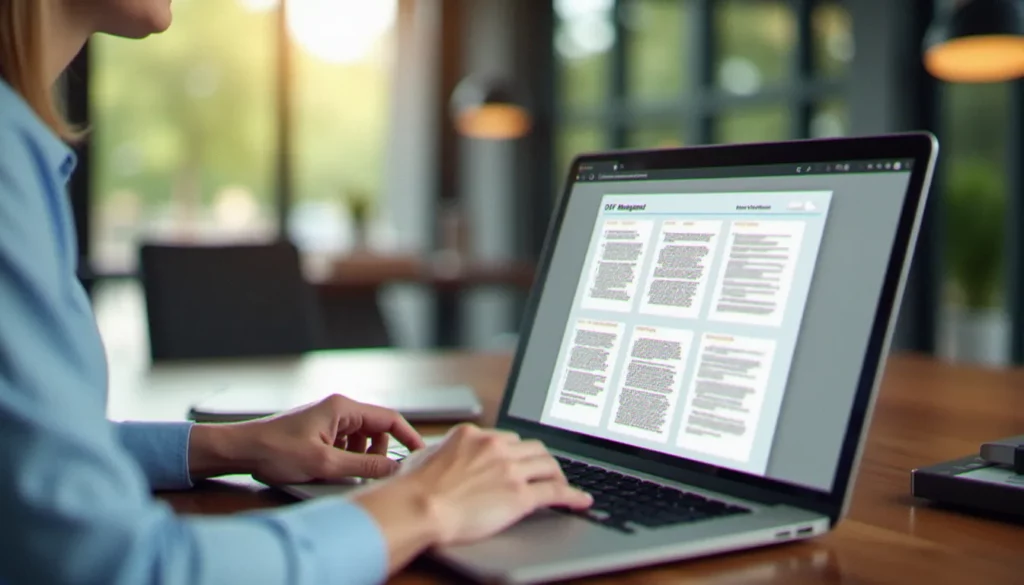 Un consultant digital utilisant Stirling PDF sur son ordinateur portable pour gérer des fichiers PDF professionnels