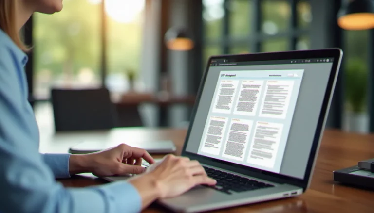 Un consultant digital utilisant Stirling PDF sur son ordinateur portable pour gérer des fichiers PDF professionnels