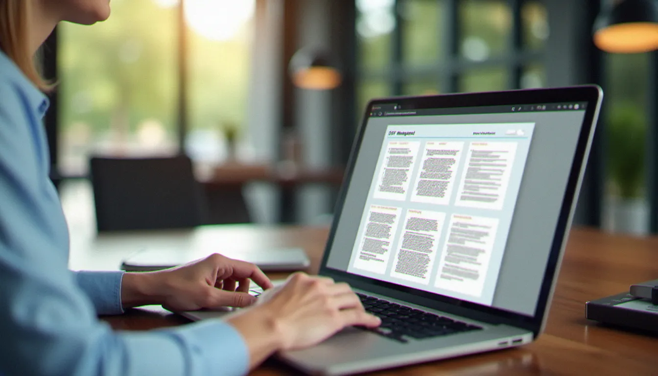 Un consultant digital utilisant Stirling PDF sur son ordinateur portable pour gérer des fichiers PDF professionnels
