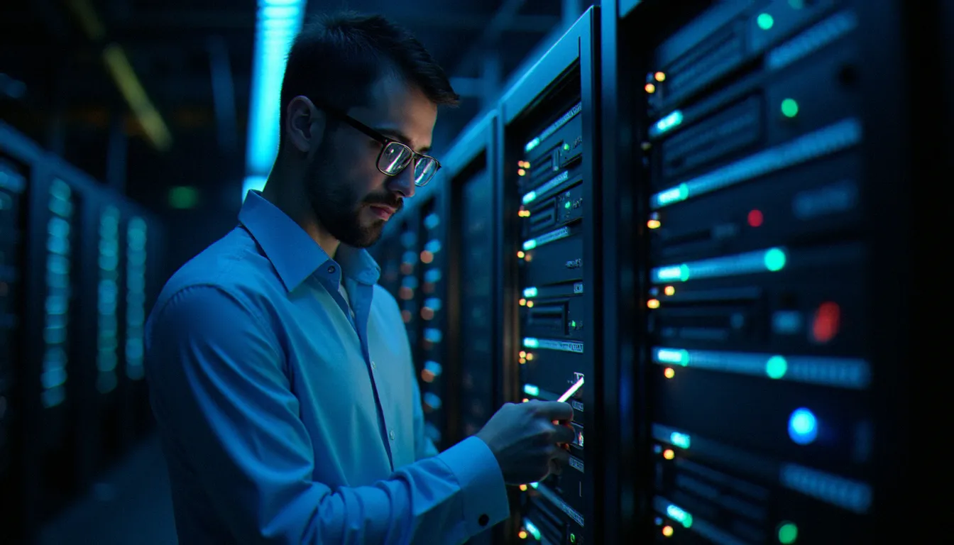 Technicien réseau vérifiant la configuration des serveurs et des connexions TCP dans un datacenter