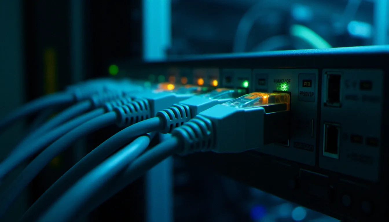 Câbles réseau connectés à un switch administrable illustrant le transfert de données par protocole TFTP sur un réseau local d'entreprise