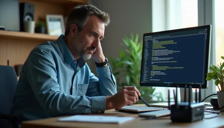 Ingénieur réseau configurant un équipement réseau via le protocole TFTP dans un bureau professionnel