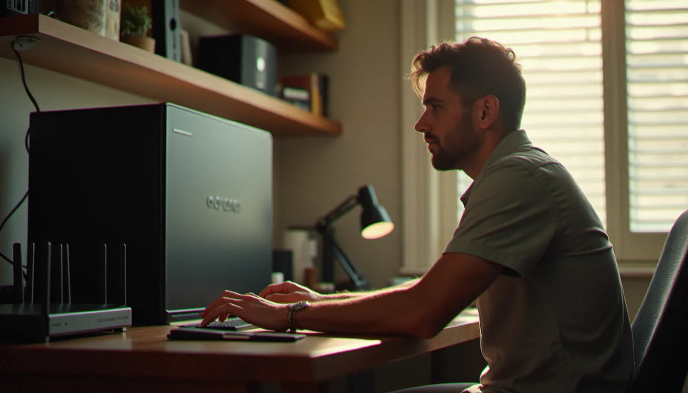 Dirigeant de TPE dans son bureau avec un NAS Synology sur l'étagère, solution moderne de remplacement du Time Capsule Airport pour la sauvegarde professionnelle