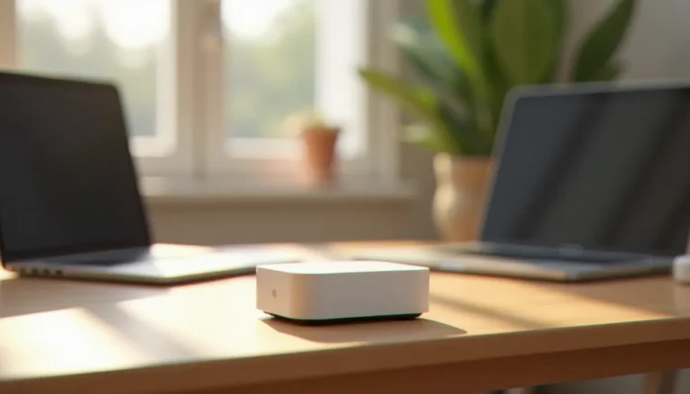 Un Apple Time Capsule Airport posé sur un bureau de TPE, illustrant la solution de sauvegarde réseau Wi-Fi pour petites entreprises