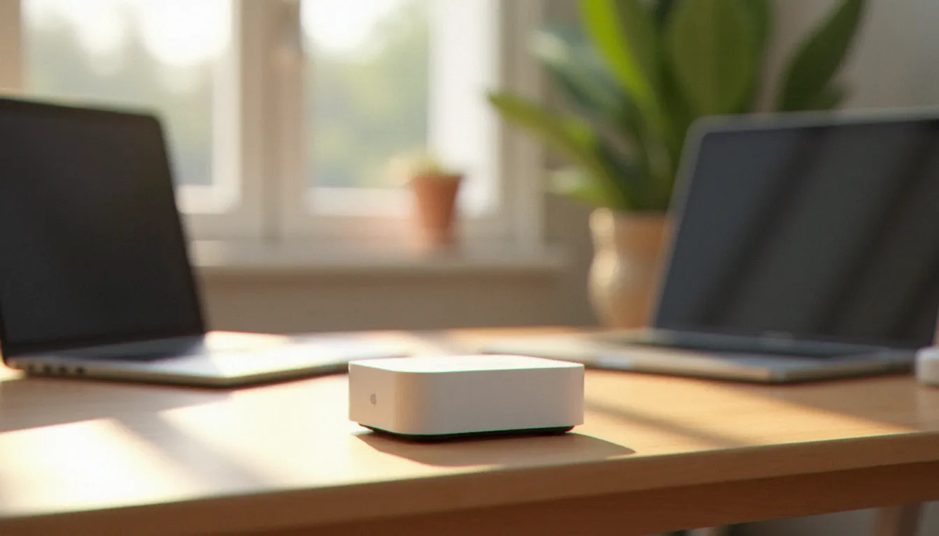 Un Apple Time Capsule Airport posé sur un bureau de TPE, illustrant la solution de sauvegarde réseau Wi-Fi pour petites entreprises