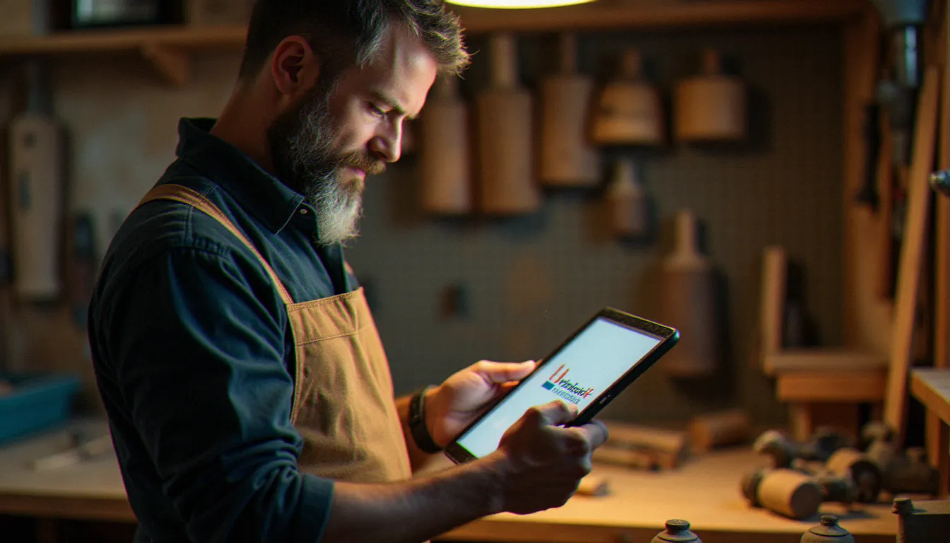 Un artisan menuisier consultant une fiche produit traduite sur une tablette dans son atelier, illustrant l'usage d'un traducteur texte pour les professionnels indépendants