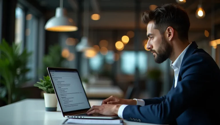 Un dirigeant de TPE utilisant un traducteur texte sur son ordinateur pour préparer un document commercial en langue étrangère