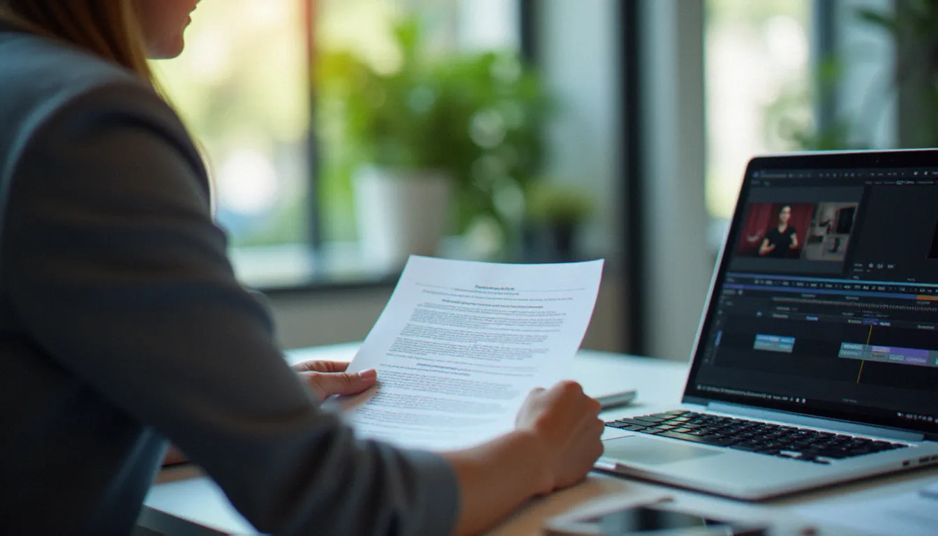 Vue par-dessus l'épaule d'un entrepreneur qui compare la transcription imprimée d'une vidéo YouTube avec son écran d'ordinateur, illustrant le processus de transcription vidéo