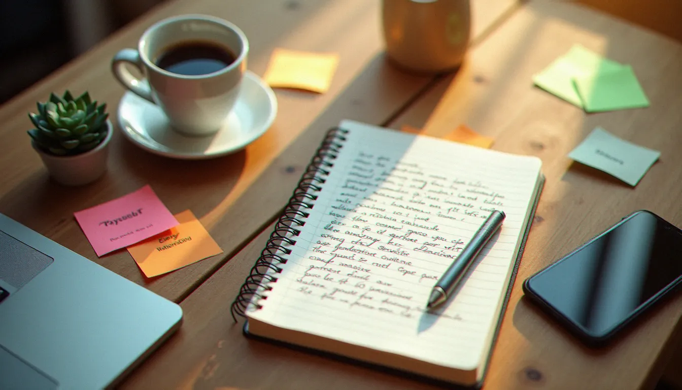 Bureau en bois avec un carnet de notes manuscrites, un smartphone affichant une vignette vidéo et des post-it avec des mots-clés, symbolisant la transformation d'un transcript YouTube en contenu marketing
