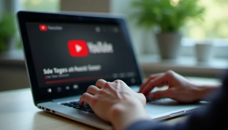 Un consultant digital consulte la transcription d'une vidéo YouTube sur son ordinateur portable, illustrant l'utilisation du transcript for YouTube pour le SEO