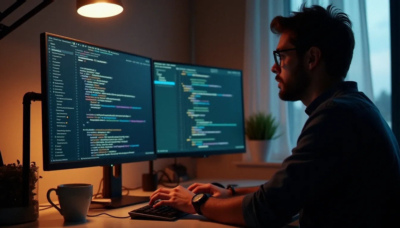 Un développeur freelance spécialisé dans les vb scripts concentré sur son code dans un espace de travail moderne en soirée