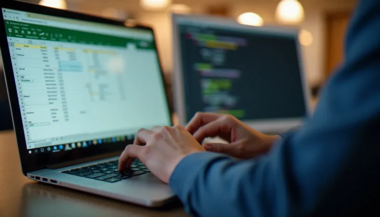 Les mains d'un dirigeant de TPE travaillant sur un tableau Excel avec l'éditeur Visual Basic ouvert en arrière-plan, illustrant l'automatisation par vb scripts