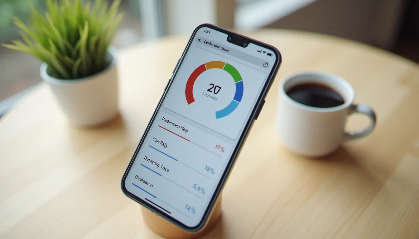 Écran de smartphone affichant les résultats d'un outil de vérification de performance de site web