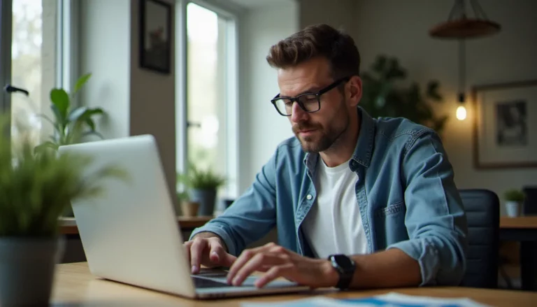 Un consultant digital vérifiant un site web sur ordinateur portable avec des données d'analyse à l'écran