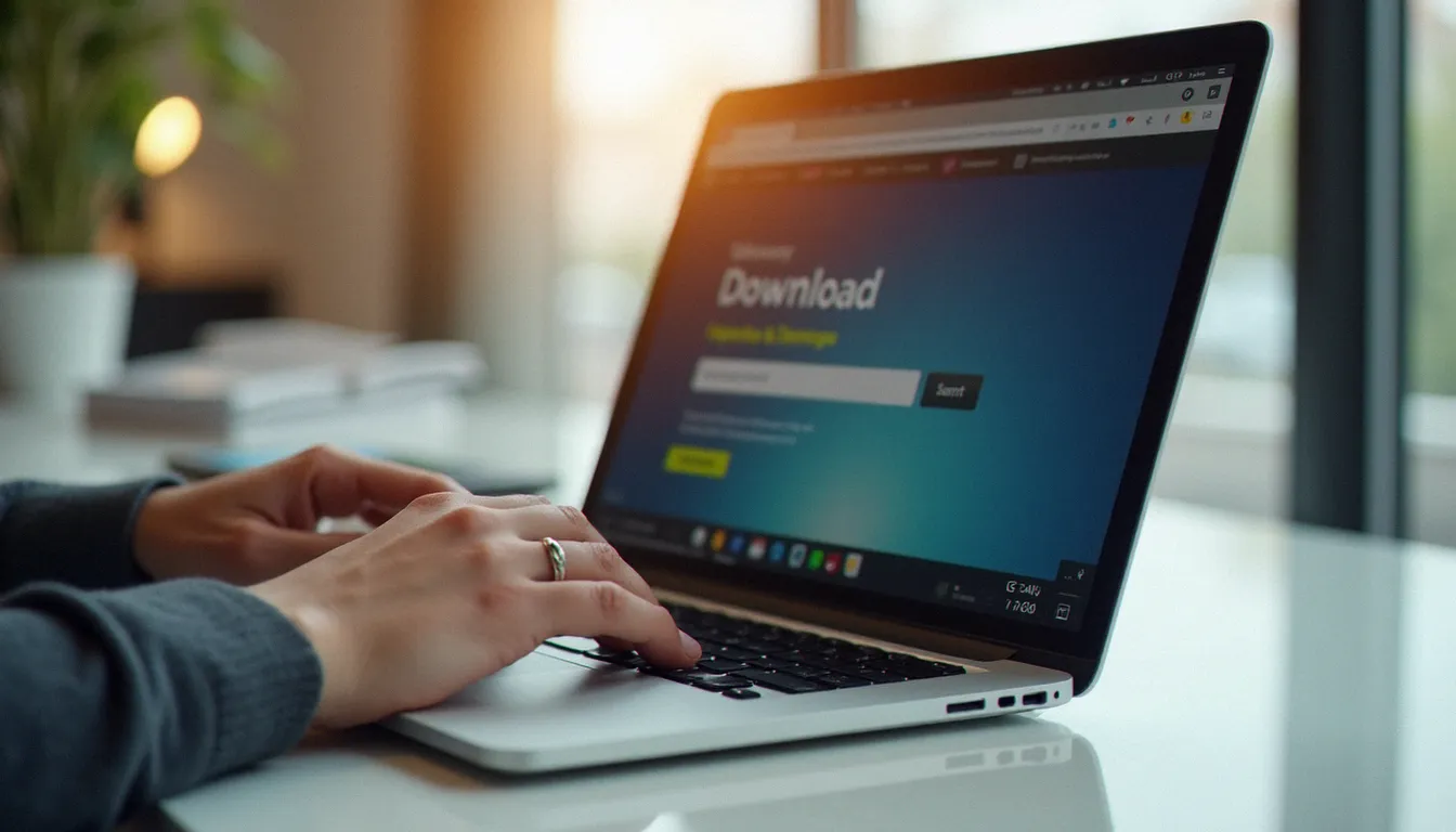 Mains sur un clavier d'ordinateur portable accédant à un portail de téléchargement logiciel, illustrant les étapes du vmware workstation pro download sur le portail officiel Broadcom