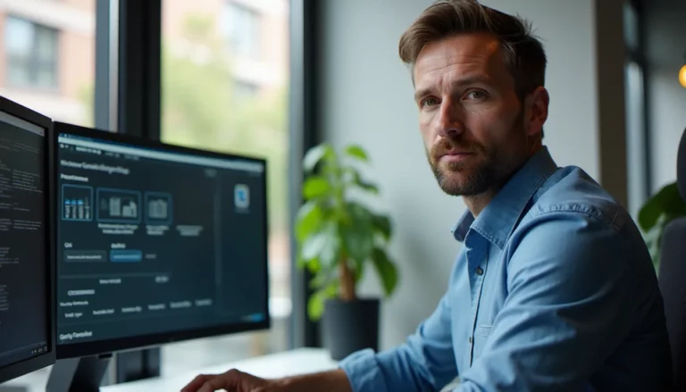 Consultant IT utilisant VMware Workstation Pro sur un poste de travail avec deux écrans affichant une interface de virtualisation, illustrant le processus de vmware workstation pro download et d'installation