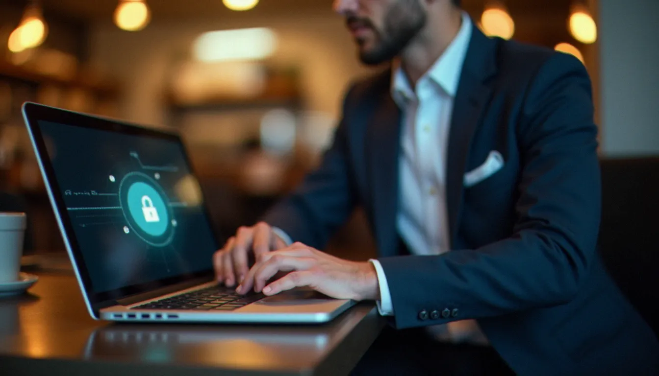 Professionnel utilisant un VPN sur PC depuis le Wi-Fi public d'un café pour sécuriser sa connexion professionnelle