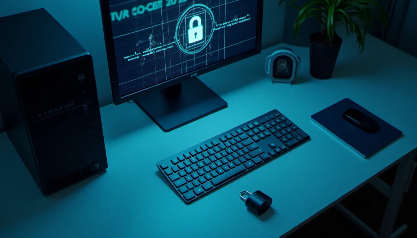 Poste de travail PC sécurisé en entreprise avec connexion VPN active, représentant la protection des données professionnelles