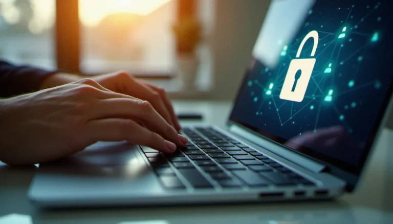 Dirigeant de TPE téléchargeant un VPN sur son PC portable depuis un bureau à domicile, illustrant la sécurité lors du vpn download for pc