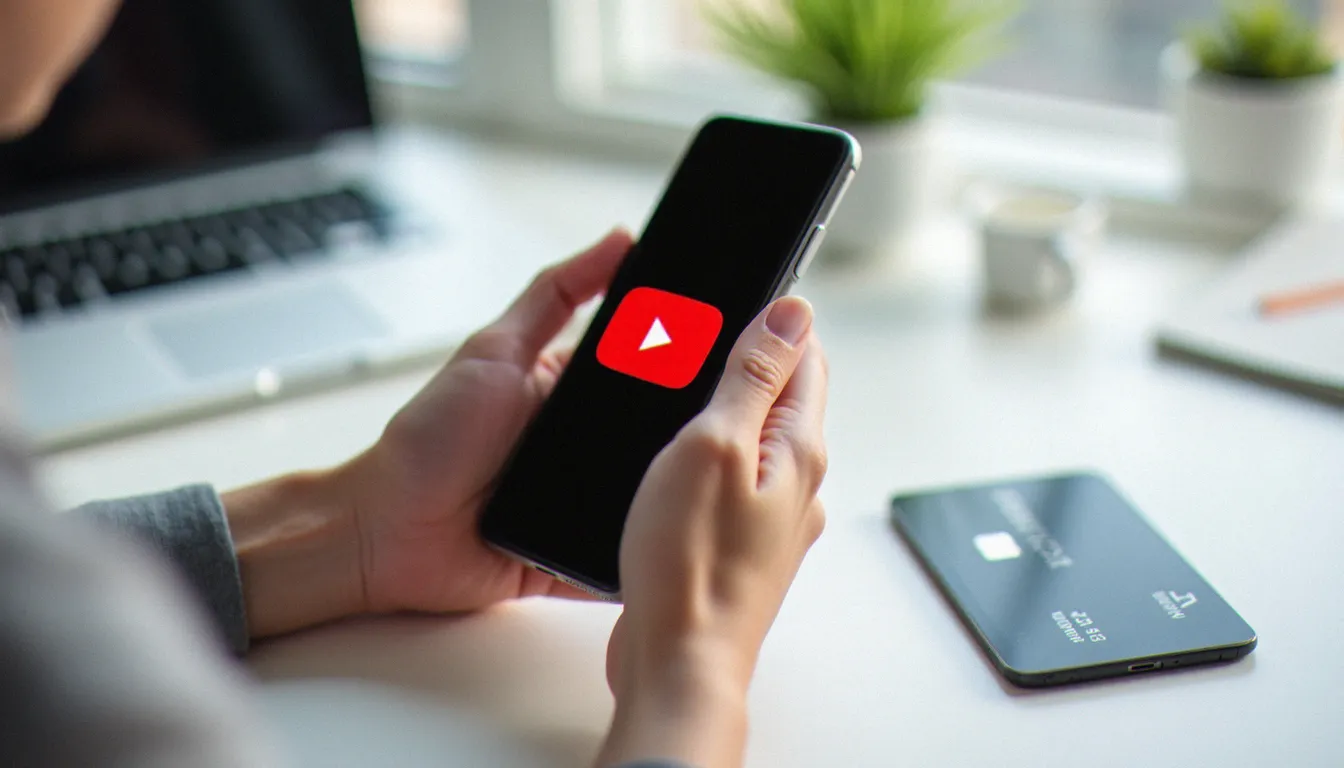 Personne tenant un smartphone affichant l'interface YouTube, symbolisant la recherche d'accès à YouTube Premium gratuit