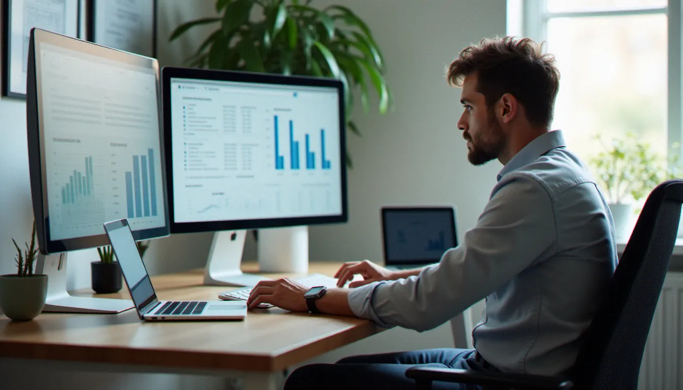 Consultant digital analysant des données de netlinking sur un écran d'ordinateur pour évaluer la plateforme zotiro com