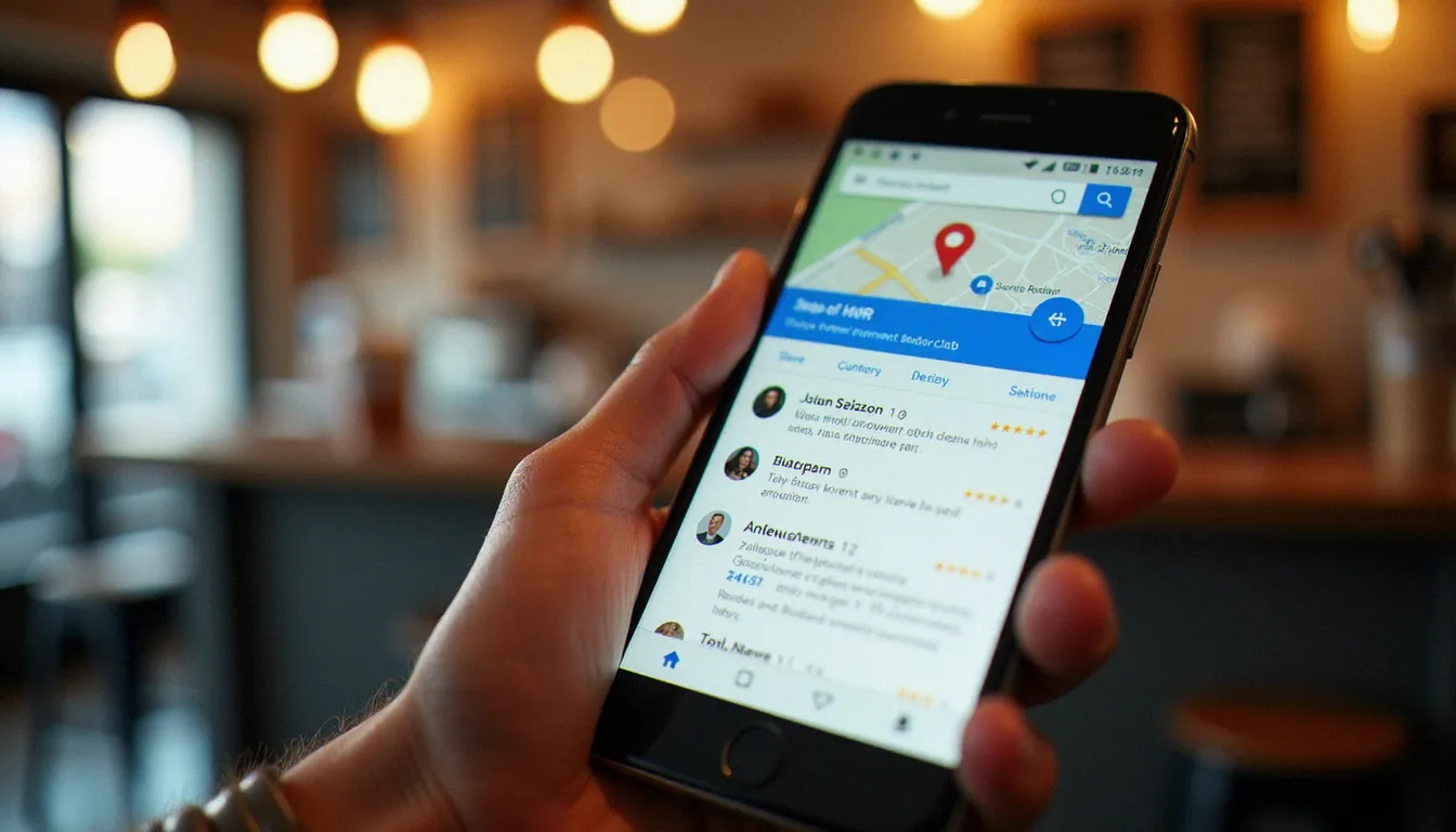 Écran de smartphone affichant des avis clients sur une fiche Google My Business, illustrant l'évaluation d'un prestataire web comme BZ Web
