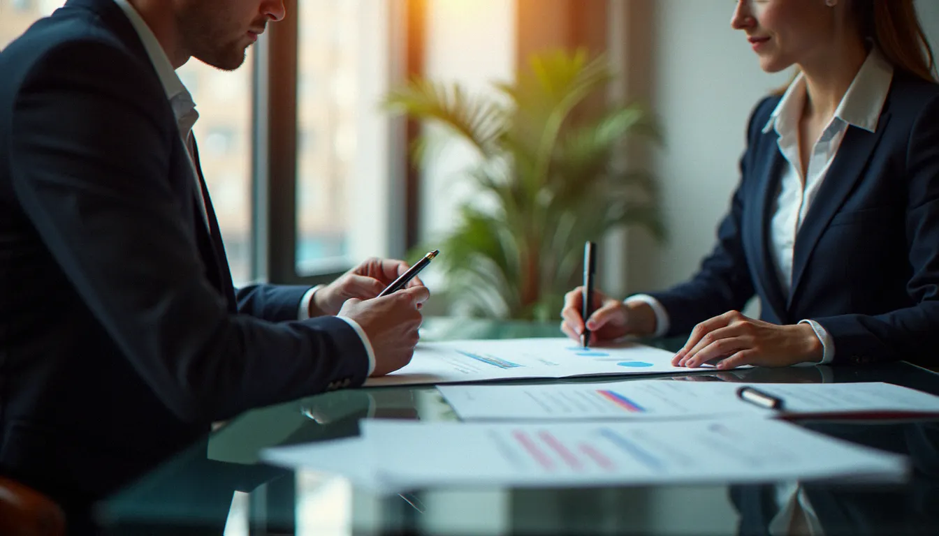 Deux professionnels comparant des offres de création de site internet sur une table, représentant le comparatif entre différents prestataires web