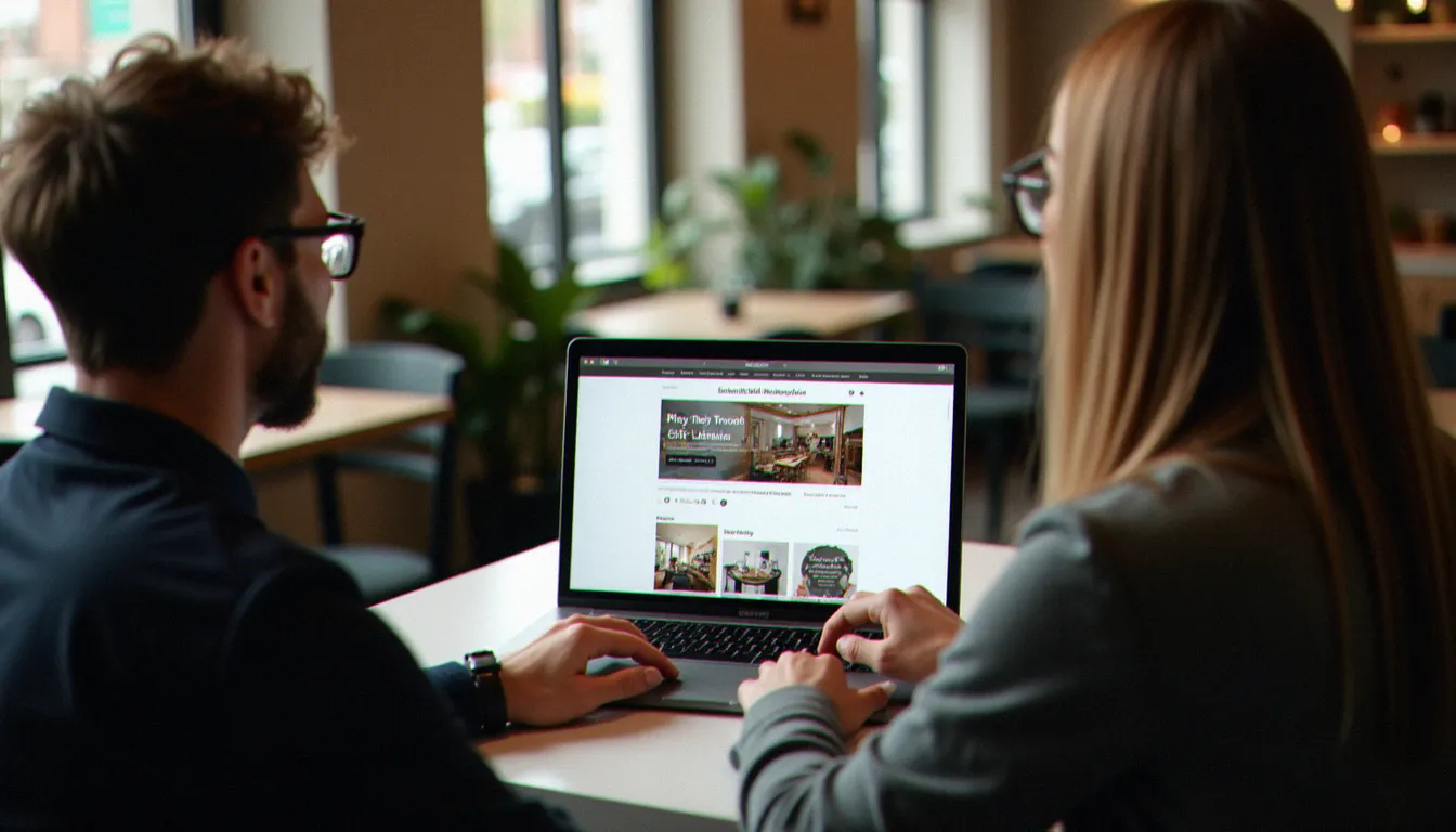 Designer web indépendant présentant une maquette de site sur ordinateur portable à un artisan lors d'une réunion en café