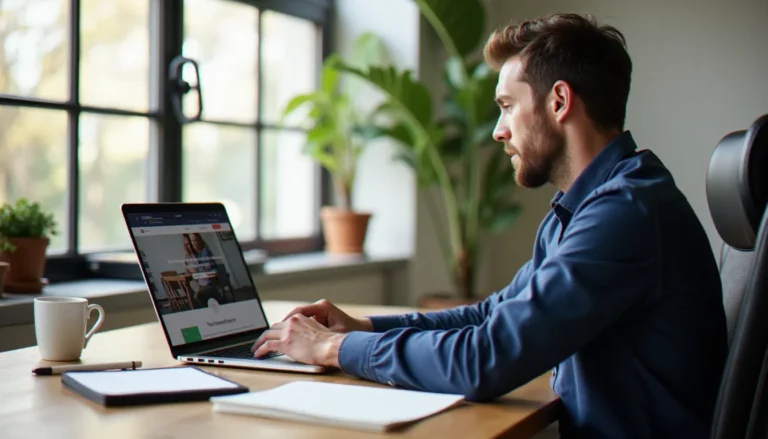 Chef d'entreprise stéphanois consultant la création de son site internet petit prix à Saint-Étienne sur un ordinateur portable dans son bureau