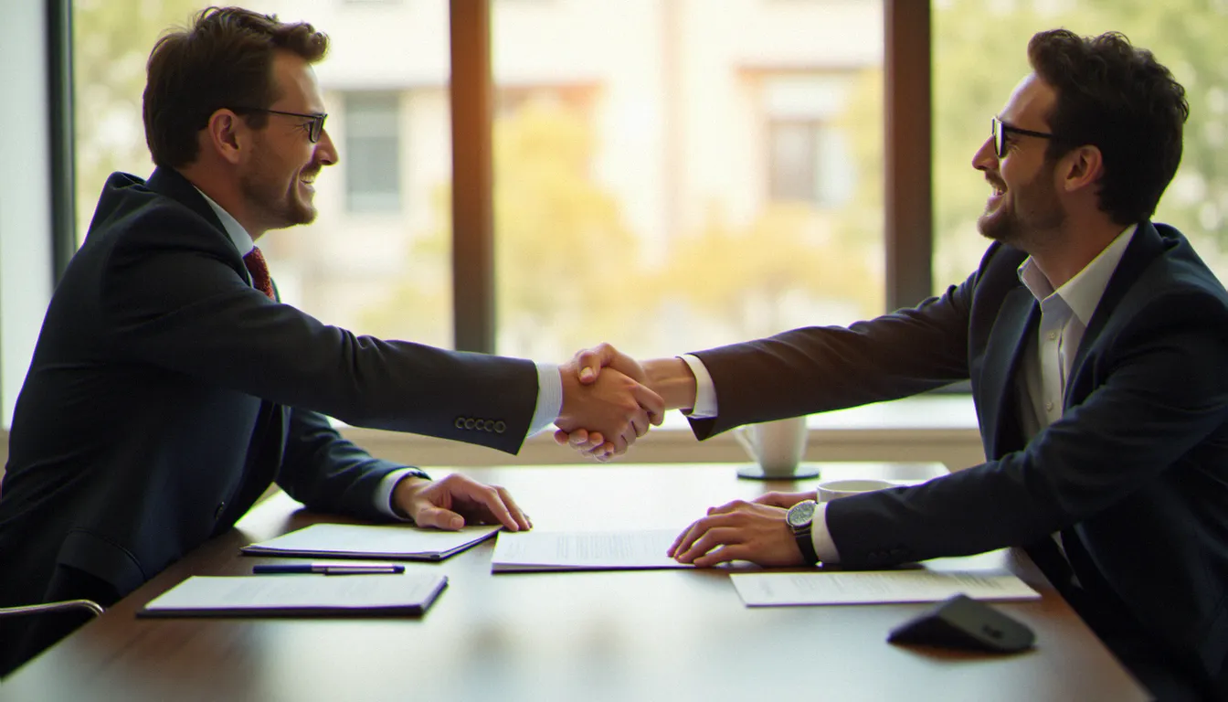 Poignée de main entre un client et un prestataire web lors de la signature d'un contrat de création de site, symbolisant les bonnes pratiques avant de s'engager