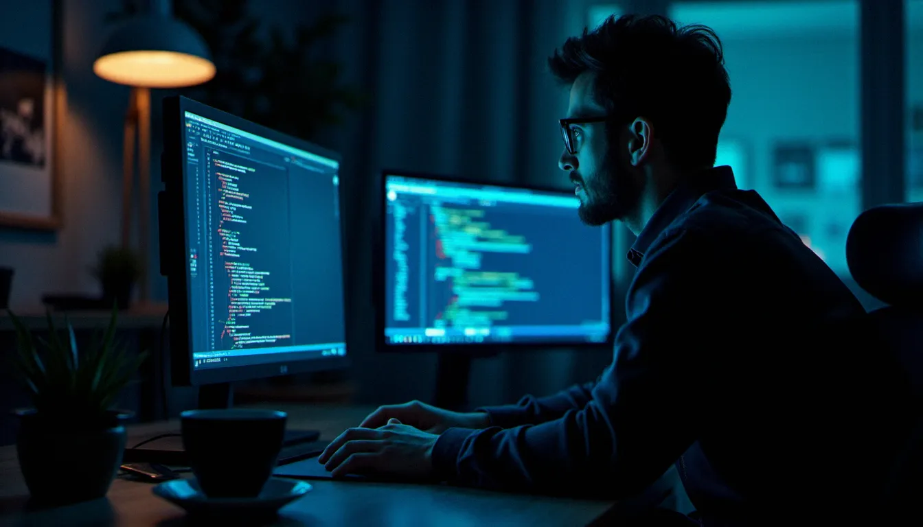 Développeur web utilisant un assistant IA pour accélérer la création d'un site web sur mesure dans un bureau sombre avec deux écrans