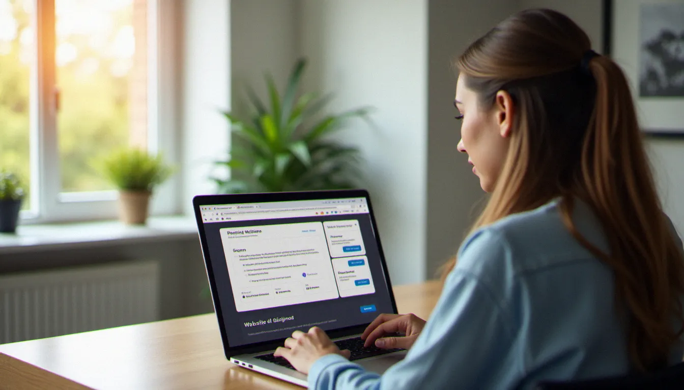 Un entrepreneur TPE devant son ordinateur utilisant un outil de création de site web avec IA dans son bureau à domicile