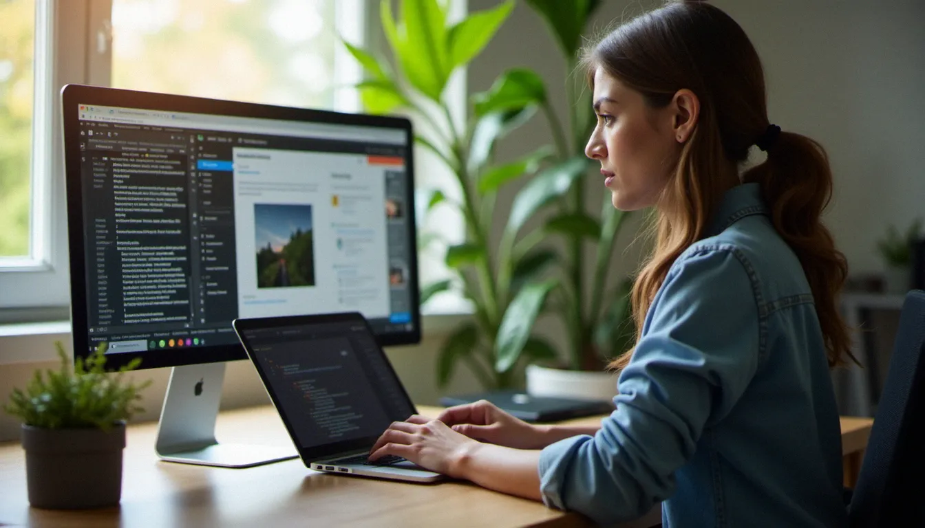 Développeur web freelance travaillant sur la création d'un site web WordPress dans un espace de travail lumineux
