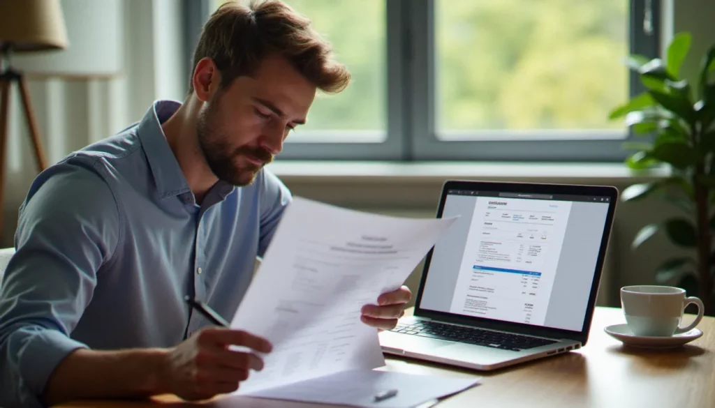 Chef d'entreprise TPE examinant un devis de création de site web prix avec un ordinateur portable ouvert sur un bureau en bois
