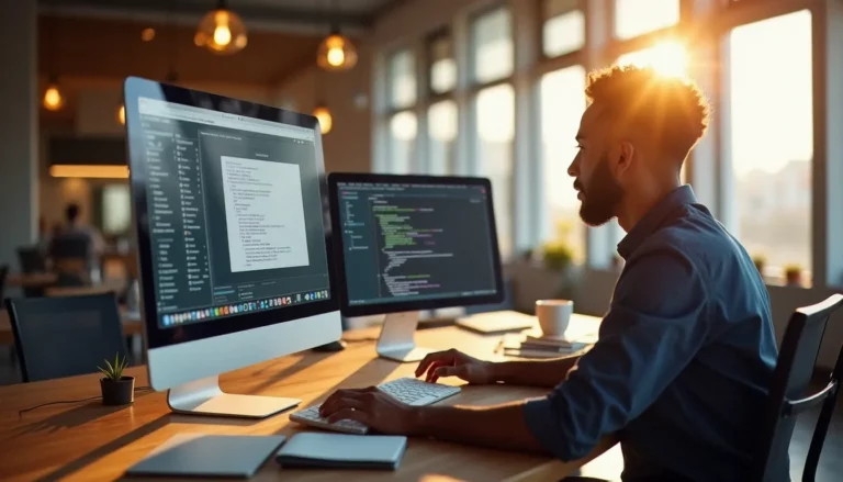 Développeur web marocain travaillant sur la création d'un site web dans un espace de coworking moderne, illustrant le marché de la création de site web prix Maroc