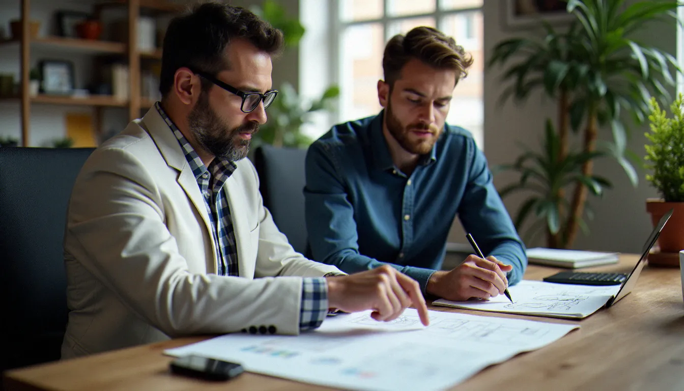 Un développeur web et un artisan collaborent sur l'architecture d'un site web intégrant le SEO dès la conception, symbolisant l'intégration des trois briques création, référencement et marketing digital