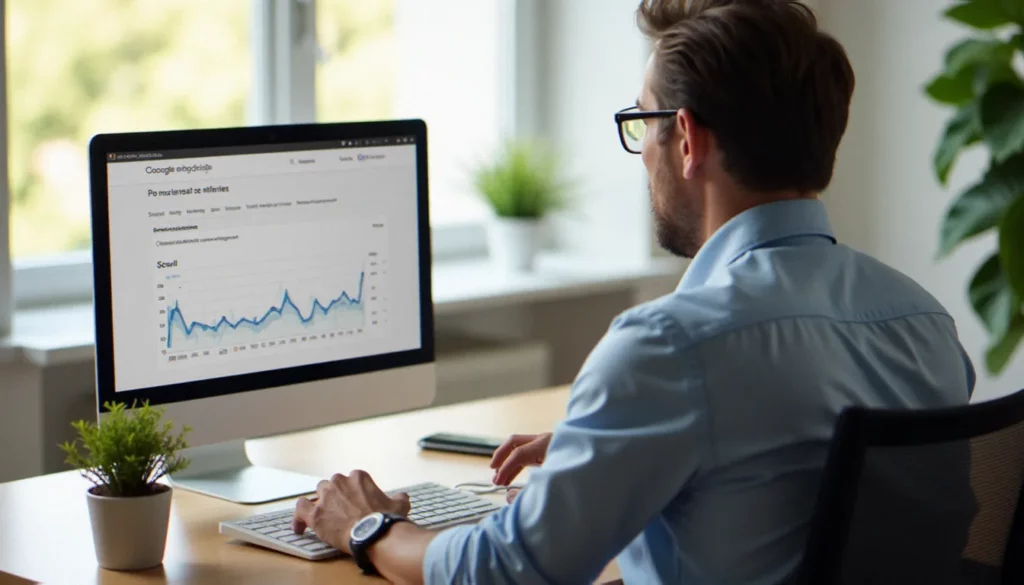 Dirigeant de TPE analysant les données de visibilité web et de référencement sur un ordinateur, illustrant la démarche de création de site web SEO & marketing avec une agence visibilité web