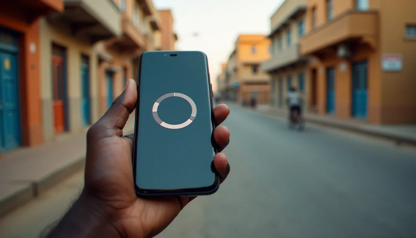 Smartphone affichant un site web en cours de chargement sur réseau mobile 3G à Dakar, illustrant l'enjeu de l'optimisation mobile pour les sites web sénégalais