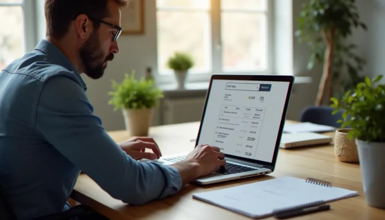 Chef d'entreprise français examinant des devis de création de site web sur son bureau, illustration du prix de création de site web en France
