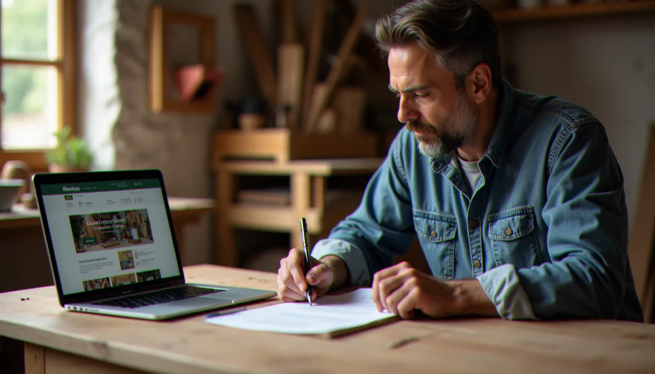 Artisan français lisant attentivement un contrat de création de site web avant de signer, symbolisant les précautions à prendre lors du choix d'un prestataire web