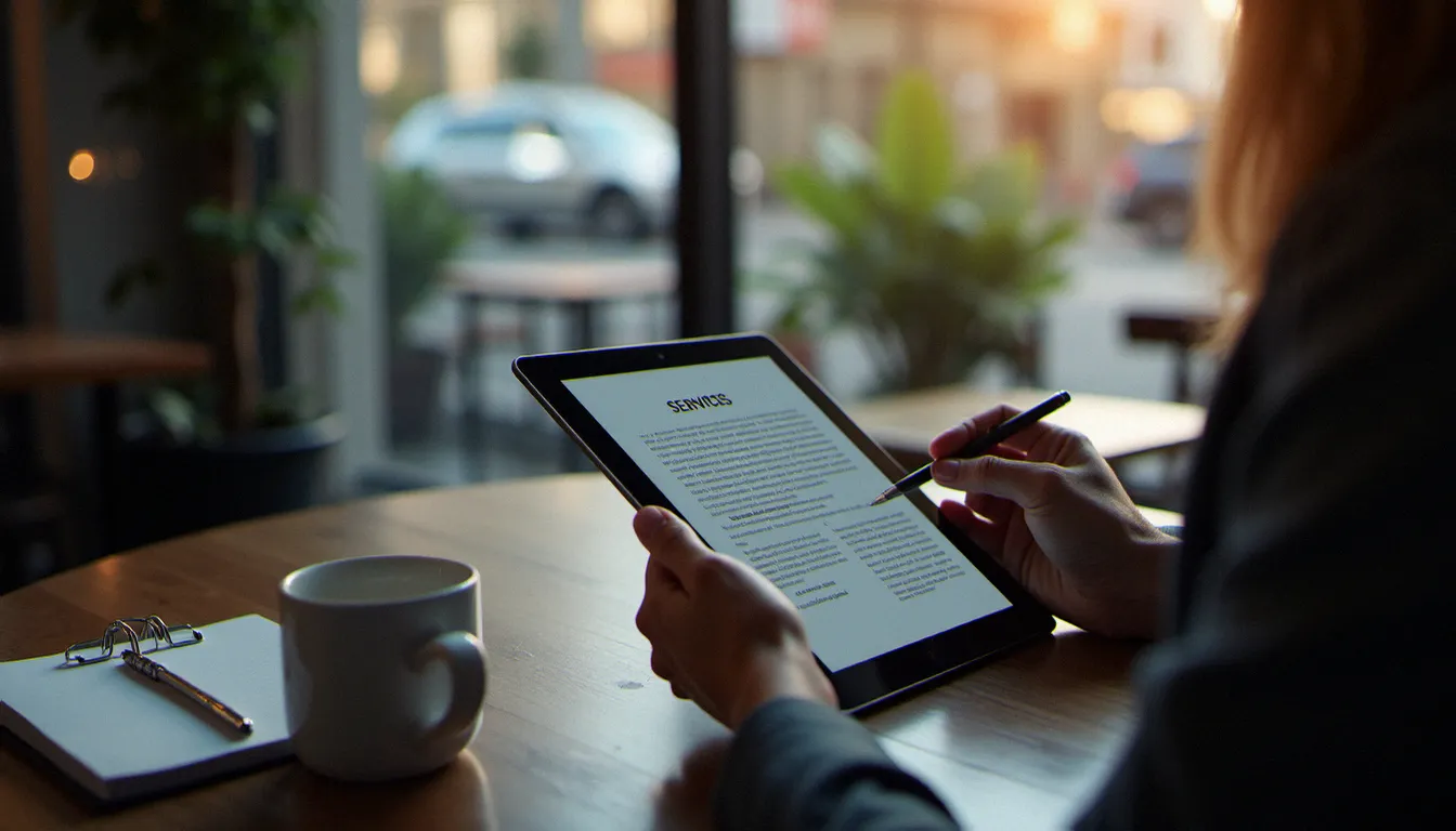 Chef d'entreprise québécois lisant attentivement un contrat de création de site web sur tablette avant de signer