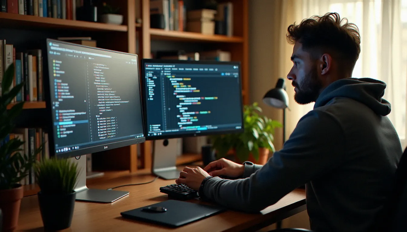 Développeur web freelance travaillant sur la création d'un site web pour une petite entreprise depuis son bureau à domicile