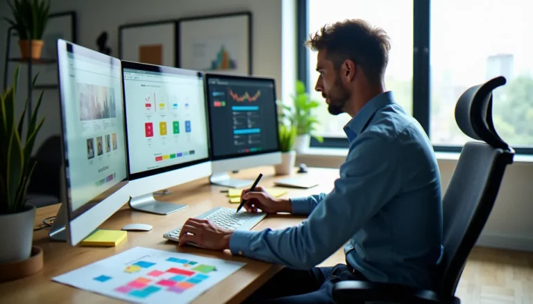 Un designer web professionnel travaille sur des maquettes de site web dans un studio moderne, illustrant le design site web et son prix