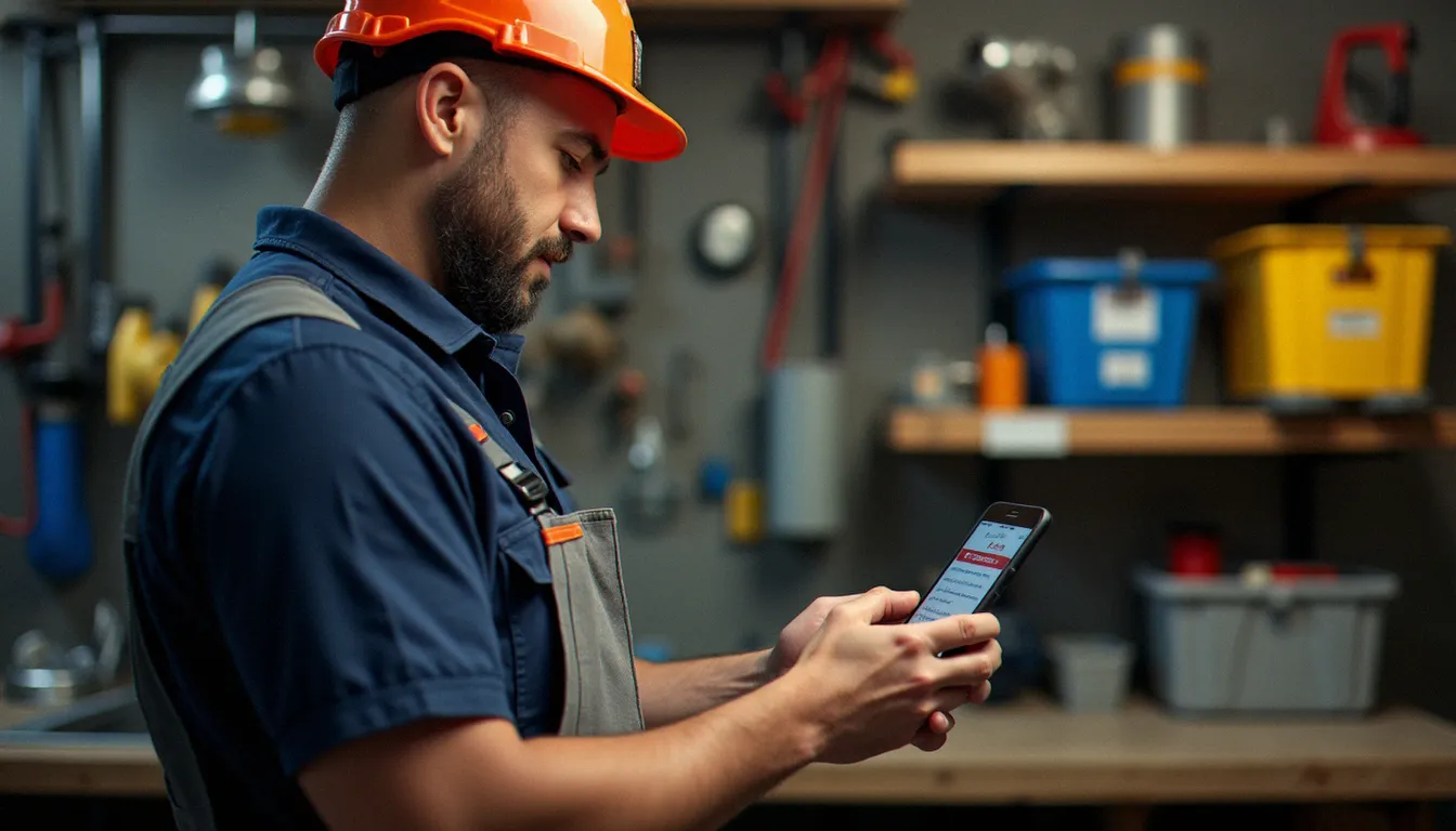Artisan en tenue de travail consultant le site web de son entreprise sur smartphone dans son atelier