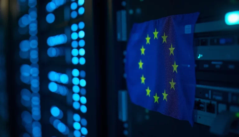 Serveurs d'un datacenter européen avec reflet du drapeau de l'UE, illustrant l'infrastructure DNS4EU pour la souveraineté numérique européenne