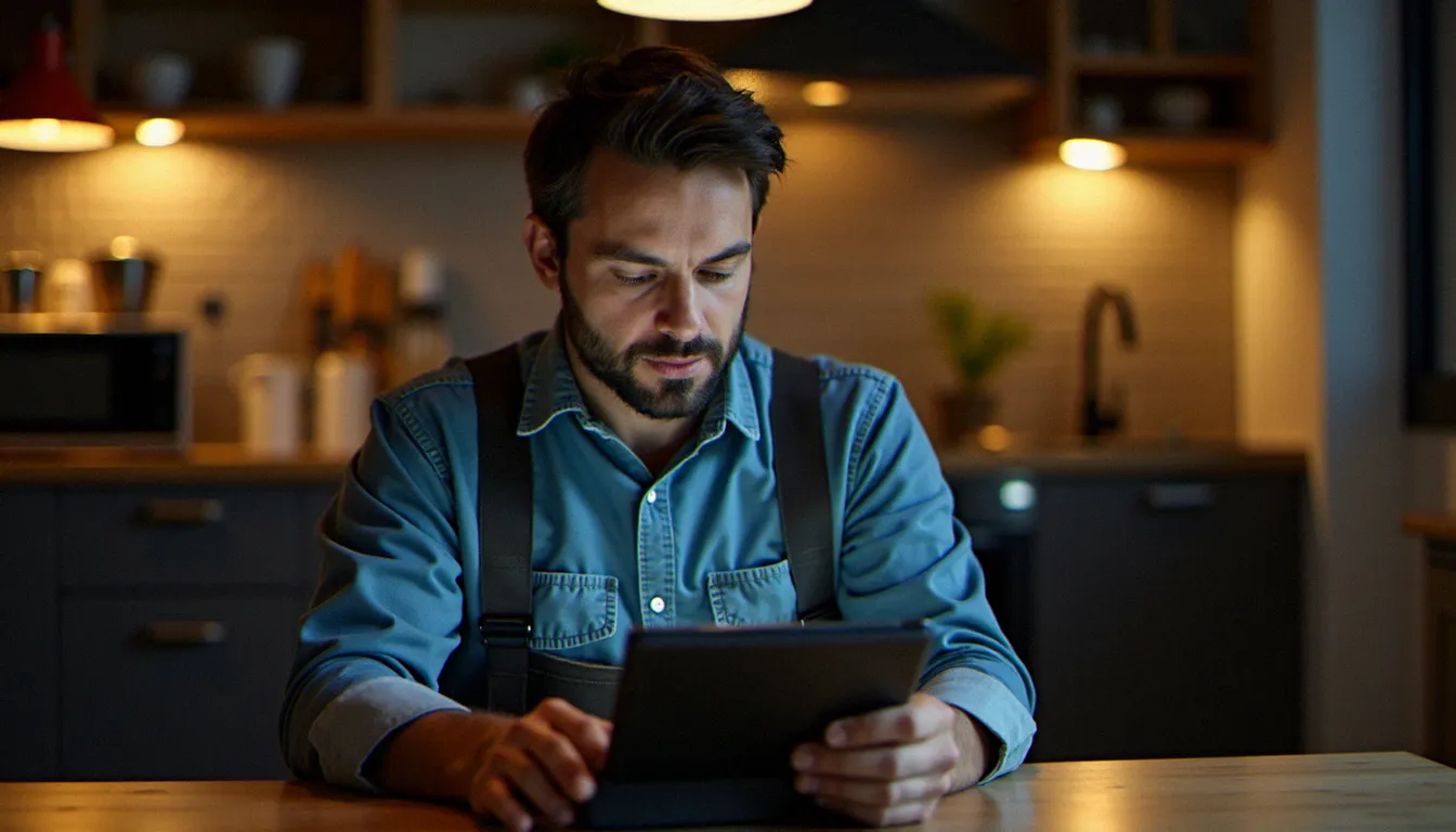 Un artisan installant un logiciel gratuit sur sa tablette en lisant attentivement les étapes de l'assistant d'installation pour éviter les logiciels parasites