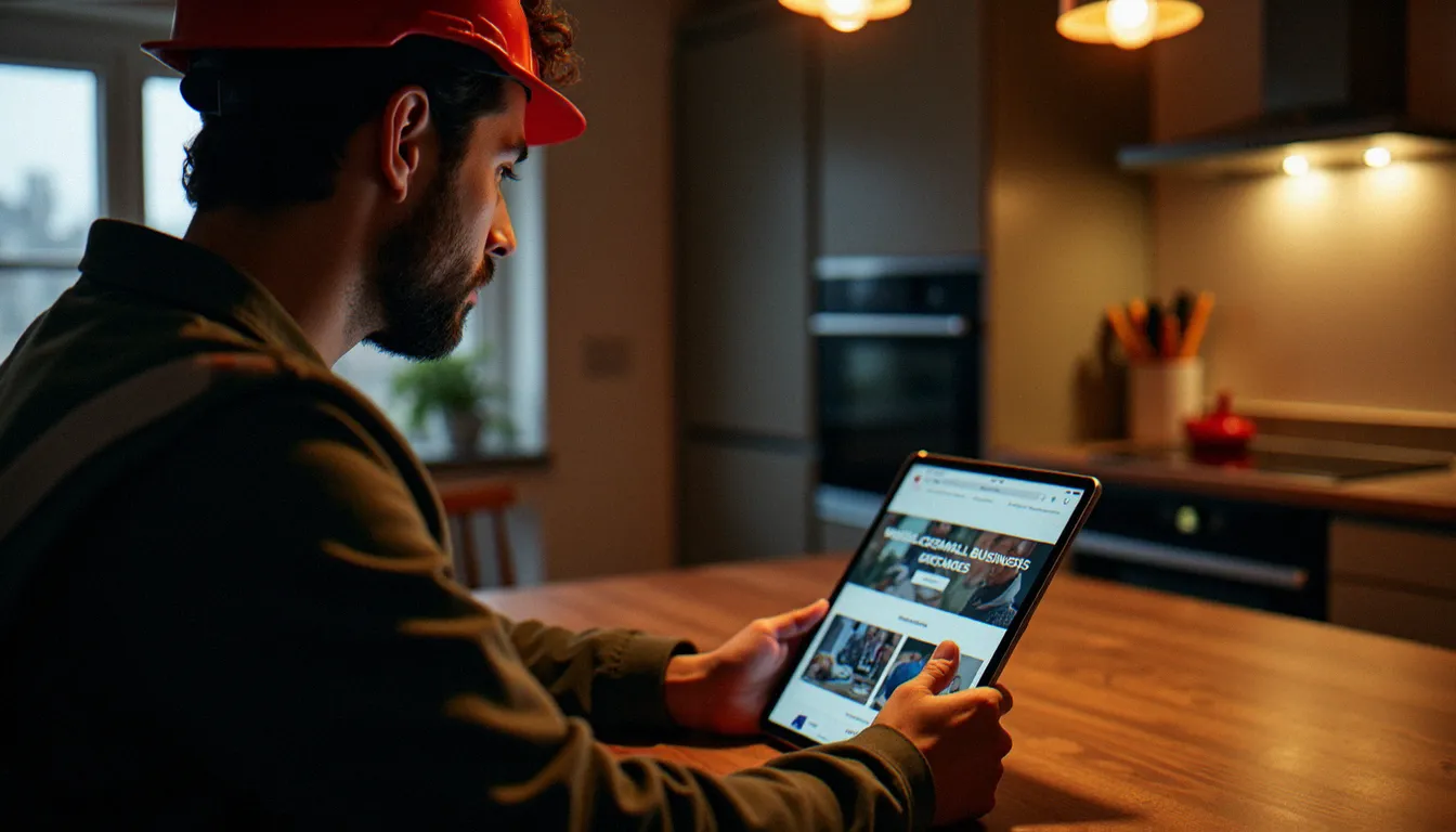 Artisan consultant le site web de son entreprise sur une tablette, illustrant l'usage concret d'une solution de création de site web pour TPE